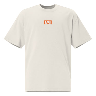 Faded bone tee, front view, featuring a small centered orange rectangular logo with a stylized white 'M' inside.