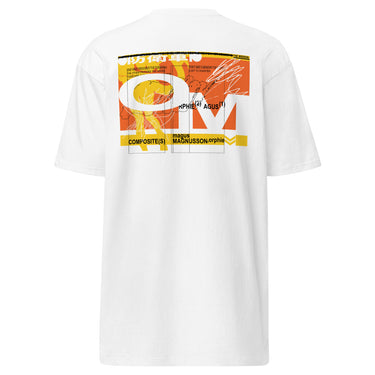 White tee, back view, showcasing a large abstract graphic in orange, yellow, black, and white. The design includes bold typography, Japanese characters, geometric shapes, and layered text overlaid with dynamic line art and circular motifs.