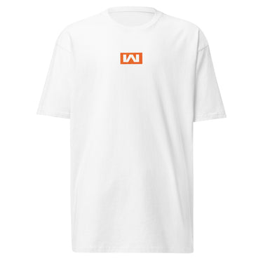 White tee, front view, featuring a small centered orange rectangular logo with a stylized white 'M' inside.