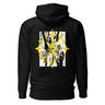 The back of a hoodie featuring a large graphic design. The design is centered on the upper back and consists of a spiky, star-like silhouette. Inside the silhouette is an abstract collage of fragmented hands in black and yellow line art, with bold yellow accents and horizontal black lines running through it.