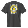 The back of a oversized-tee featuring a large graphic design. The design is centered on the upper back and consists of a spiky, star-like silhouette. Inside the silhouette is an abstract collage of fragmented hands in black and yellow line art, with bold yellow accents and horizontal black lines running through it.