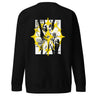 The back of a sweatshirt featuring a large graphic design. The design is centered on the upper back and consists of a spiky, star-like silhouette. Inside the silhouette is an abstract collage of fragmented hands in black and yellow line art, with bold yellow accents and horizontal black lines running through it.