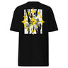 The back of a shirt featuring a large graphic design. The design is centered on the upper back and consists of a spiky, star-like silhouette. Inside the silhouette is an abstract collage of fragmented hands in black and yellow line art, with bold yellow accents and horizontal black lines running through it.
