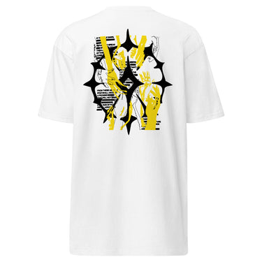 The back of a shirt featuring a large graphic design. The design is centered on the upper back and consists of a spiky, star-like silhouette. Inside the silhouette is an abstract collage of fragmented hands in black and yellow line art, with bold yellow accents and horizontal black lines running through it.