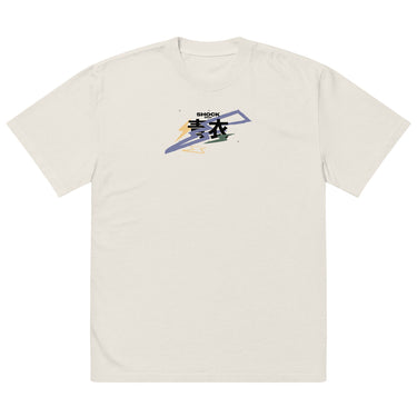 Front view of a solid-colored oversized-tee. A graphic centered on the chest features two prominent, high-contrast Chinese characters that spell “Qingyi” and the word "SHOCK", layered over abstract angular shapes.