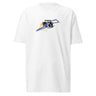 Front view of a solid-colored shirt. A graphic centered on the chest features two prominent, high-contrast Chinese characters that spell “Qingyi” and the word "SHOCK", layered over abstract angular shapes.