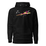 Front view of a solid-colored hoodie. A large, dynamic graphic across the chest features a chaotic collage of high-contrast brush strokes, sharp angular forms, and silhouettes resembling swooping birds.