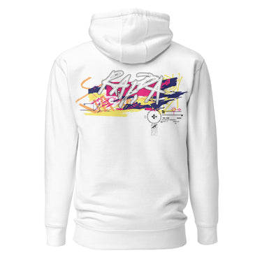 Back view of a solid-colored hoodie. A large, horizontal graphic on the upper back features a stylized, graffiti-like word spelling “RAPPA” layered over a wide smear of high-contrast brush strokes imitating graffiti splatter. To the side are smaller, schematic graphics including a compass rose and blocks of text.