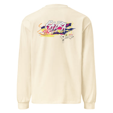 Back view of a solid-colored longsleeve. A large, horizontal graphic on the upper back features a stylized, graffiti-like word spelling “RAPPA” layered over a wide smear of high-contrast brush strokes imitating graffiti splatter. To the side are smaller, schematic graphics including a compass rose and blocks of text.