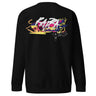 Back view of a solid-colored sweatshirt. A large, horizontal graphic on the upper back features a stylized, graffiti-like word spelling “RAPPA” layered over a wide smear of high-contrast brush strokes imitating graffiti splatter. To the side are smaller, schematic graphics including a compass rose and blocks of text.