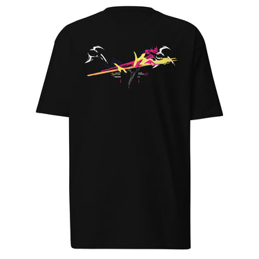 Front view of a solid-colored shirt. A large, dynamic graphic across the chest features a chaotic collage of high-contrast brush strokes, sharp angular forms, and silhouettes resembling swooping birds.