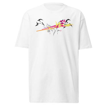 Front view of a solid-colored shirt. A large, dynamic graphic across the chest features a chaotic collage of high-contrast brush strokes, sharp angular forms, and silhouettes resembling swooping birds.