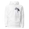Front view of a hoodie. A small graphic on the left chest features the word "abyss" in a black script font, layered over abstract streaks of periwinkle blue and distorted black shapes.