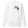Front view of a sweatshirt. A small graphic on the left chest features the word "abyss" in a black script font, layered over abstract streaks of periwinkle blue and distorted black shapes.