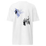 Back view of a shirt. The design consists of two scattered abstract graphics. The upper-left graphic is a periwinkle blue and black abstract shape with sketchy lines. The lower-right graphic is the word "skirk" in a stylized, distorted black font with a glitch effect.