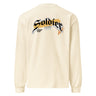 Back view of a solid-colored, longsleeve. A large, horizontal graphic on the upper back features the word "Soldier" in a high-contrast, stylized script font. This is layered over a wide brushstroke shape and several smaller blocks of text, and san serif text featuring the word “Zero”