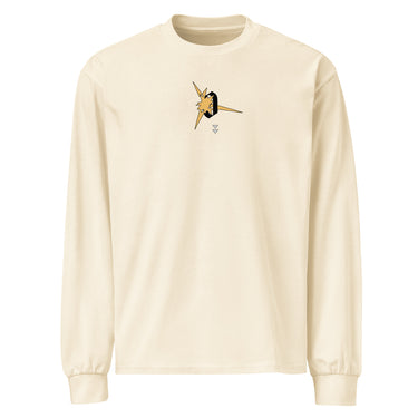 Front view of a solid-colored, longsleeve. A small graphic on the left chest features a stylized, high-contrast lightning bolt shape piercing through a thick, character of the number zero.