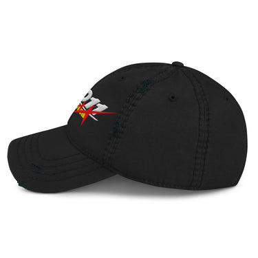 A black distressed baseball cap shown from a front-right angle. The cap features a white embroidered "011" and a red starburst graphic, partially visible on the front. The cap has intentional rips and fraying on the brim and crown.