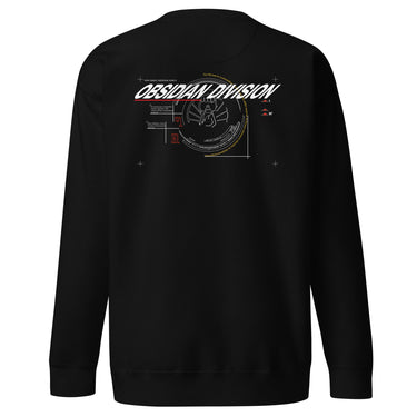 Back view of a solid-colored sweatshirt. A large graphic resembling a technical blueprint is centered on the upper back. It features the prominent outlined text "OBSIDIAN DIVISION" above a detailed schematic diagram of a circular object, with various text blocks and technical symbols.