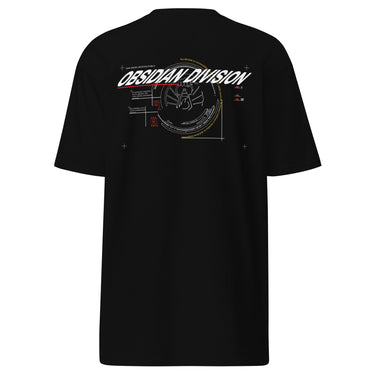 Back view of a solid-colored shirt. A large graphic resembling a technical blueprint is centered on the upper back. It features the prominent outlined text "OBSIDIAN DIVISION" above a detailed schematic diagram of a circular object, with various text blocks and technical symbols.
