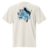 Back view of a solid-colored oversized-tee. A large, dynamic collage graphic is centered on the upper back. It features the stacked text "SOU KAKU" layered with high-contrast silhouettes of two figures in motion and large, leaf-like shapes. Accompanied by a silhouette of Soukaku’s mask.
