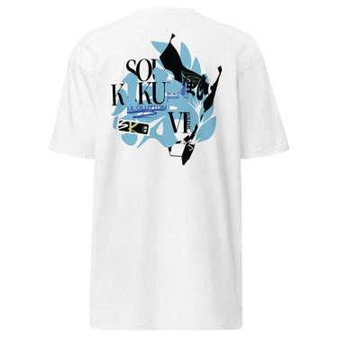 Back view of a solid-colored shirt. A large, dynamic collage graphic is centered on the upper back. It features the stacked text "SOU KAKU" layered with high-contrast silhouettes of two figures in motion and large, leaf-like shapes. Accompanied by a silhouette of Soukaku’s mask.