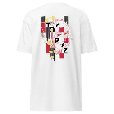 Back view of a solid-colored shirt. A large graphic on the upper back features a line-art portrait of the character Topaz from Honkai: Star Rail. The design is layered with the vertical text "TOPAZ" and a background of abstract bars and shapes.