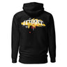 Back view of a solid-colored, hoodie. A large, horizontal graphic on the upper back features the word "trigger" in a high-contrast, graffiti, streetwear-style font. This is layered over a wide brushstroke shape and several smaller text elements, including a barcode and a cross symbol.