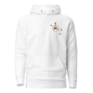 Front view of a solid-colored, hoodie. A small graphic on the left chest features a circle containing an 'X' mark, with several small, stylized pointer shapes scattered around it, forming a type of crosshair.