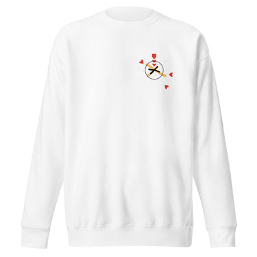 Front view of a solid-colored, sweatshirt. A small graphic on the left chest features a circle containing an 'X' mark, with several small, stylized pointer shapes scattered around it, forming a type of crosshair.
