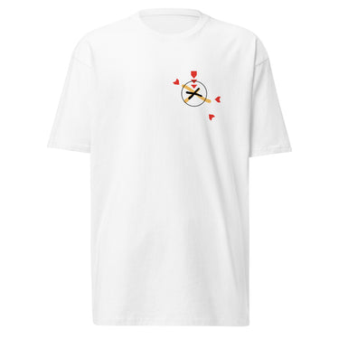 Front view of a solid-colored, shirt. A small graphic on the left chest features a circle containing an 'X' mark, with several small, stylized pointer shapes scattered around it, forming a type of crosshair.