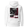 Back view of the hoodie showing a large, poster-style graphic. The design is a collage featuring a black and white photo of a Japanese temple roof, with vertical red Kanji on the right and the word 'UKINAMI' in red below.