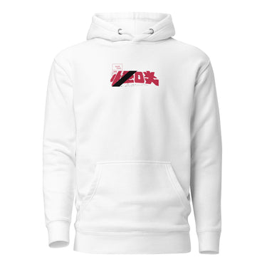 Front view of a hoodie with a central chest graphic. The design features large, stylized red Japanese characters slashed through by a thick, diagonal bar, creating a modern, graphic look.