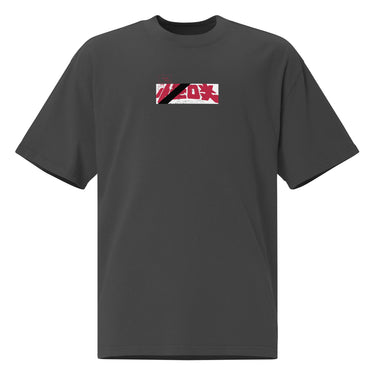 Front view of a oversized-tee with a central chest graphic. The design features large, stylized red Japanese characters slashed through by a thick, diagonal bar, creating a modern, graphic look.