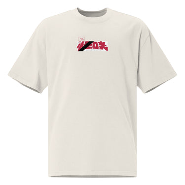 Front view of a oversized-tee with a central chest graphic. The design features large, stylized red Japanese characters slashed through by a thick, diagonal bar, creating a modern, graphic look.