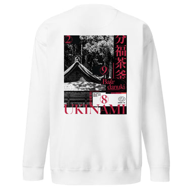 Back view of the sweatshirt showing a large, poster-style graphic. The design is a collage featuring a black and white photo of a Japanese temple roof, with vertical red Kanji on the right and the word 'UKINAMI' in red below.
