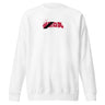 Front view of a sweatshirt with a central chest graphic. The design features large, stylized red Japanese characters slashed through by a thick, diagonal bar, creating a modern, graphic look.
