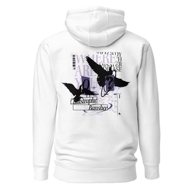 Back view of a solid-colored, hoodie. A large collage graphic on the back features two high-contrast silhouettes of birds. The design is layered with large text reading "WHERE ARE YOU?", the words "Catastrophe” and “Banshee" in a script font, and various other typographic and schematic elements.