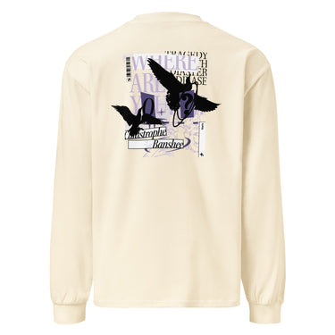 Back view of a solid-colored, longsleeve. A large collage graphic on the back features two high-contrast silhouettes of birds. The design is layered with large text reading "WHERE ARE YOU?", the words "Catastrophe” and “Banshee" in a script font, and various other typographic and schematic elements.
