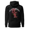 Back view of a solid-colored hoodie. A large, ornate graphic on the upper back features the text "at your service" arched over a large, high-contrast gothic monogram. The design is embellished with fine-line scrollwork and 3d lettering of V and L in blackletter font.