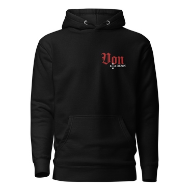 Front view of a solid-colored hoodie. A small, embroidered graphic on the left chest features the word "Von" in a large, high-contrast gothic font, with the word "LYCAON" and a cross symbol below it.