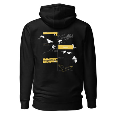 Back view of a hoodie. A large collage graphic is arranged in a grid of rectangular frames. The design features multiple high-contrast silhouettes of birds in flight, a topographical map-like shape, and several small blocks of text and abstract symbols.