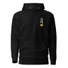 Front view of a hoodie. On the left chest is a small, vertical rectangular graphic containing three East Asian characters in a calligraphy style, positioned above a shape resembling an ancient coin.