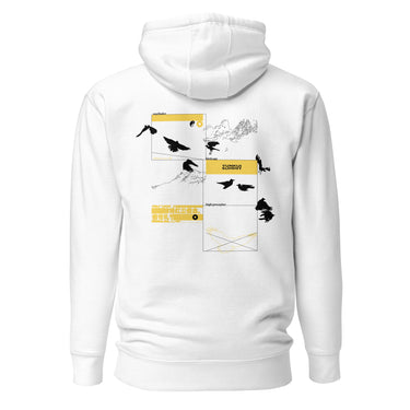 Back view of a hoodie. A large collage graphic is arranged in a grid of rectangular frames. The design features multiple high-contrast silhouettes of birds in flight, a topographical map-like shape, and several small blocks of text and abstract symbols.