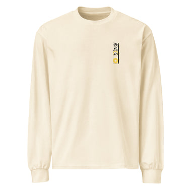 Front view of a longsleeve. On the left chest is a small, vertical rectangular graphic containing three East Asian characters in a calligraphy style, positioned above a shape resembling an ancient coin.