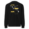 Back view of a longsleeve. A large collage graphic is arranged in a grid of rectangular frames. The design features multiple high-contrast silhouettes of birds in flight, a topographical map-like shape, and several small blocks of text and abstract symbols.