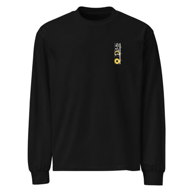 Front view of a longsleeve. On the left chest is a small, vertical rectangular graphic containing three East Asian characters in a calligraphy style, positioned above a shape resembling an ancient coin.