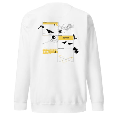Back view of a sweatshirt. A large collage graphic is arranged in a grid of rectangular frames. The design features multiple high-contrast silhouettes of birds in flight, a topographical map-like shape, and several small blocks of text and abstract symbols.