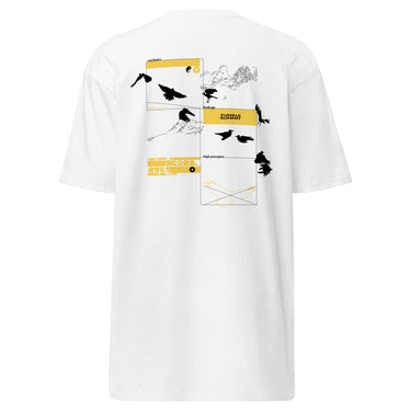 Back view of a shirt. A large collage graphic is arranged in a grid of rectangular frames. The design features multiple high-contrast silhouettes of birds in flight, a topographical map-like shape, and several small blocks of text and abstract symbols.