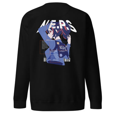 Back view of a solid-colored sweatshirt. A large graphic on the upper back features an anime-style illustration of Zhu Yuan from Zenless Zone Zero looking over her shoulder. The design is layered with the large, outlined text "N.E.P.S." and several rectangular frames containing blocks of text, creating a futuristic look.